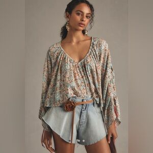 Anthropologie Blue and Brown Top NWOT. Petite small